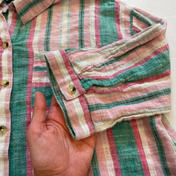 Unique Spectrum Cotton Pastel Striped 3/4 Sleeve Button Down Shirt, Pocket, S - Picture 9 of 13